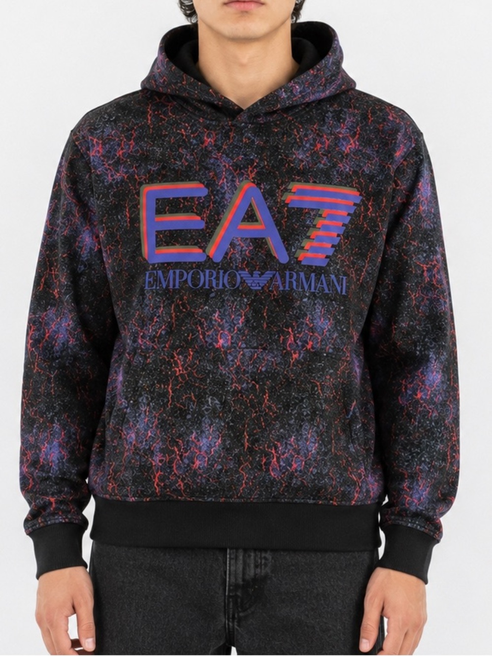 Emporio Armani EA7 - Navy & Coral Crackle Print Hoodie - International Exclusive